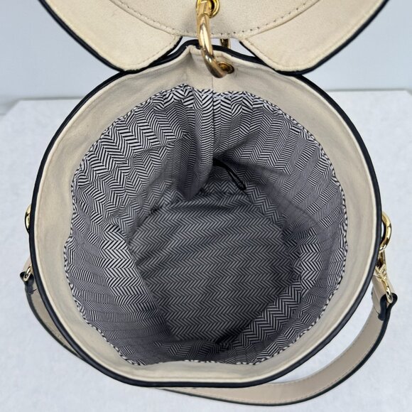 Beige Capsule Bag Long And Short Detachable Straps Black Trim Lined Bucket Purse - Picture 8 of 14